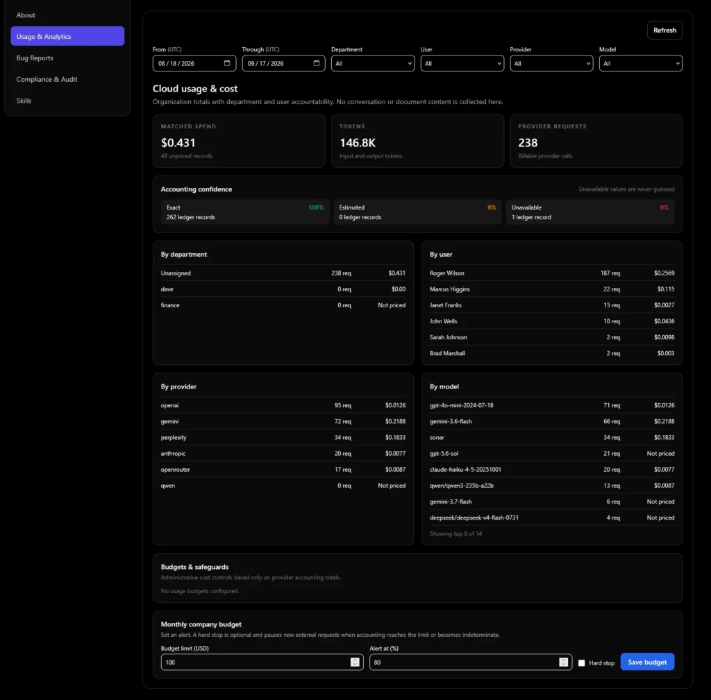 a screenshot of the cost audit tables from the AgenticFort application